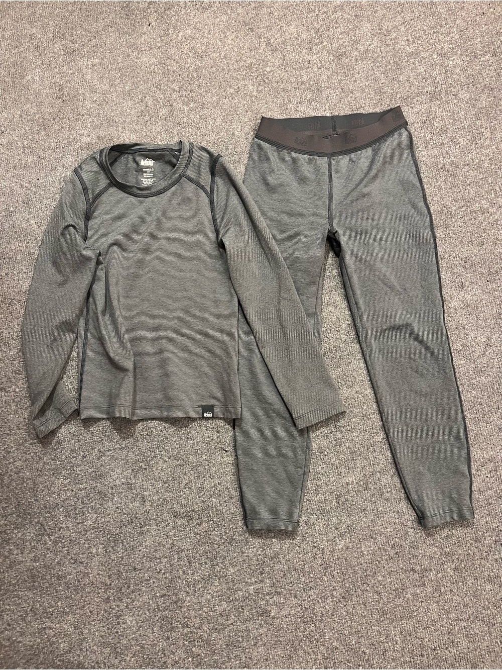 REI Black and Gray Striped Base Layer Top and Bottom Thermal Set